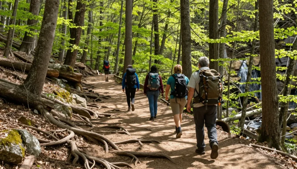 Hiking trail at Greeter Falls Tennessee through forest Hiking trail at Greeter Falls Tennessee through forest