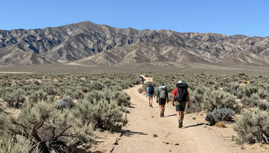 Hiking trail through Nevada high desert with sagebrush and mountain views
