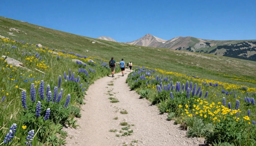 Hiking trail through native grassland at St Vrain State Park with wildflowers and distant mountains Hiking trail through native grassland at St Vrain State Park with wildflowers and distant mountains