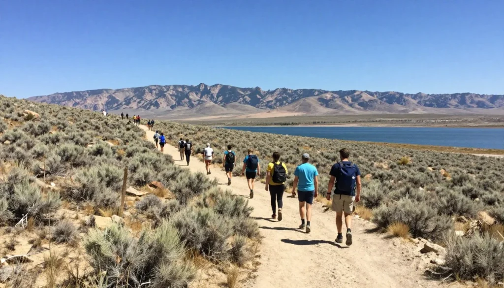 Hiking trail through sagebrush with Ruby Mountains view