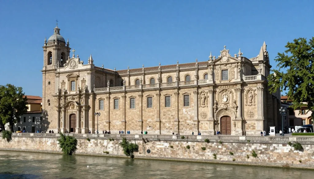 Historic Convent of San Marcos facade along the river with Renaissance architecture details