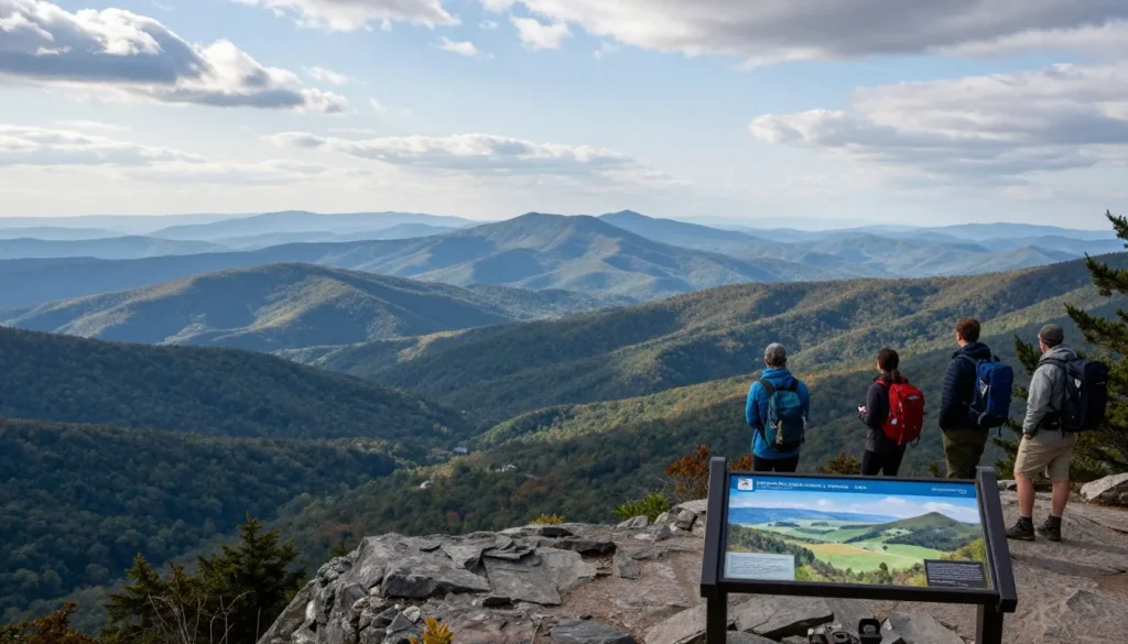 Historic Cumberland Gap mountain pass view with multiple state boundaries visible from overlook Historic Cumberland Gap mountain pass view with multiple state boundaries visible from overlook