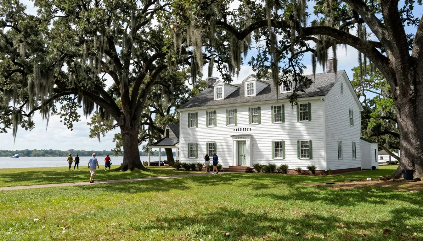 Historic-Fort-Johnston-waterfront-view-with-maritime-museum-building-and-Cape-Fear-River Historic Fort Johnston waterfront view with maritime museum building and Cape Fear River