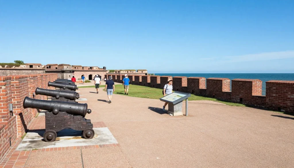 Historic Fort Macon coastal fortification with visitors exploring grounds Historic Fort Macon coastal fortification with visitors exploring grounds