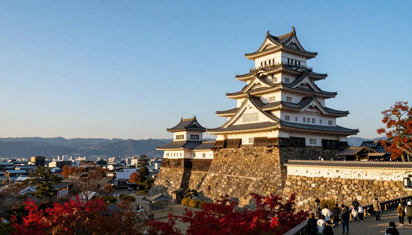 Historic Gifu Castle perched on Mount Kinka overlooking Gifu city with autumn foliage