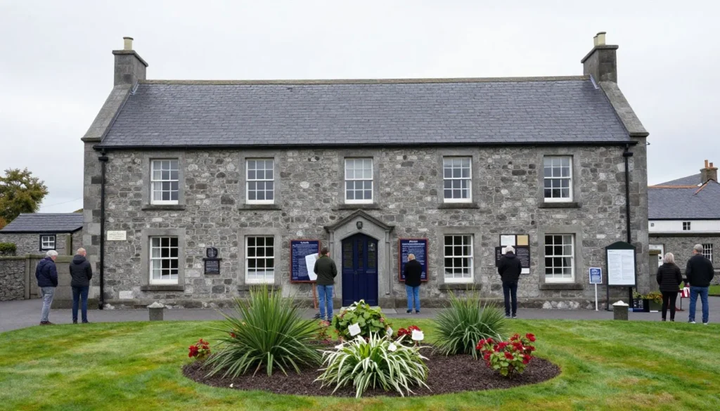Historic Irish stone building with cultural heritage displays
