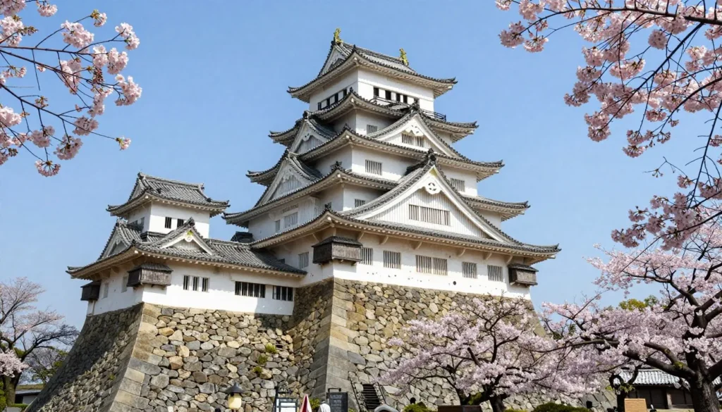 Historic Japanese castle with stone walls and traditional architecture surrounded by cherry blossoms Historic Japanese castle with stone walls and traditional architecture surrounded by cherry blossoms