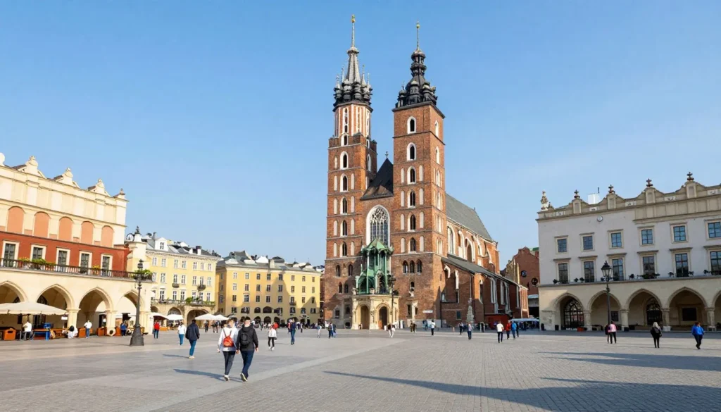 Historic Krakow Market Square with St Mary's Basilica towers and colorful buildings