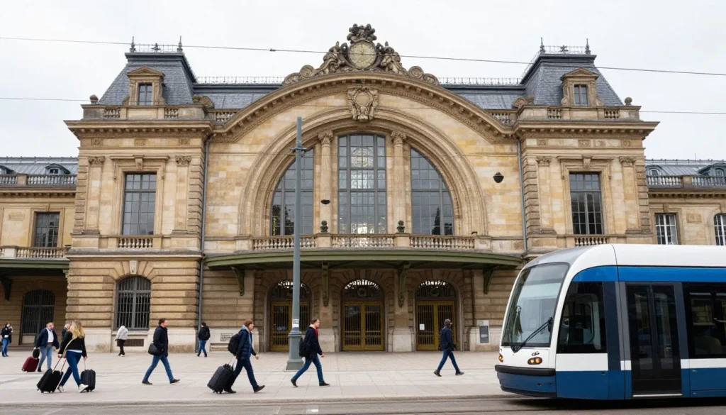 Historic Luxembourg train station architecture with travelers and modern transportation connections