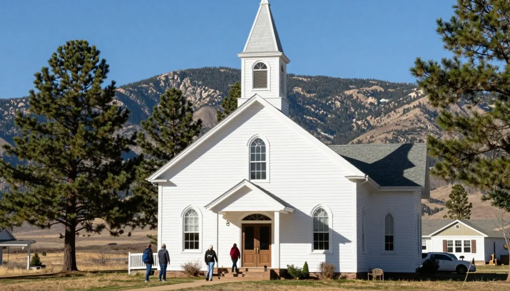 Historic Pine Valley Chapel with white exterior and mountain backdrop Historic Pine Valley Chapel with white exterior and mountain backdrop