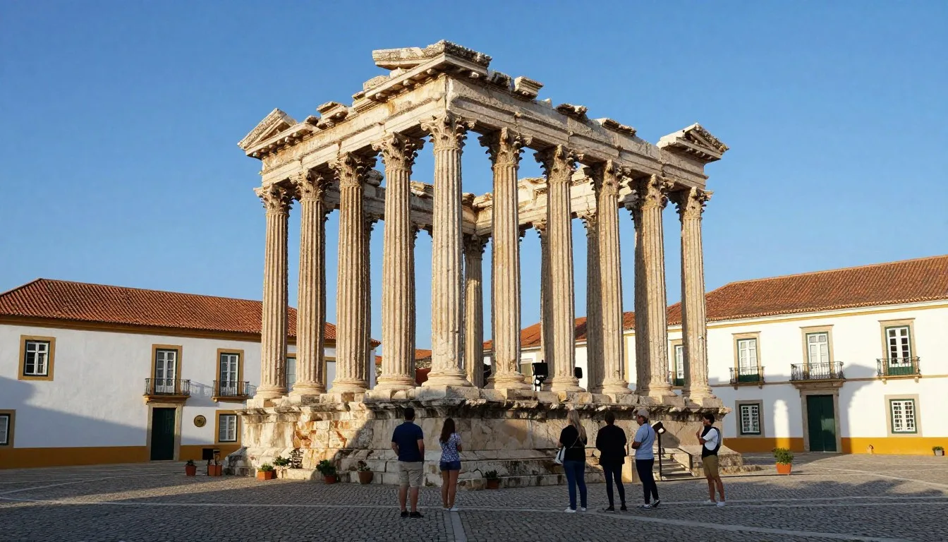 Historic Roman Temple of Evora surrounded by medieval architecture and cobblestone streets in Portugal