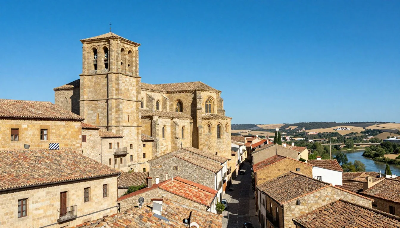 Historic Romanesque churches and medieval architecture in Zamora old town along the Duero River