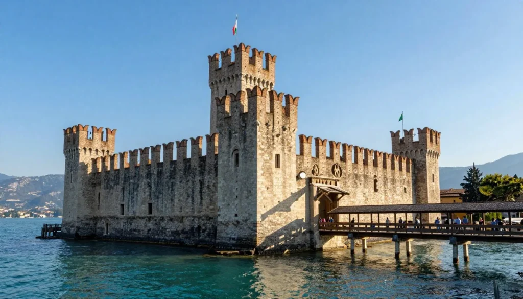 Historic Scaliger Castle in Sirmione with stone walls and towers rising from Lake Garda waters Historic Scaliger Castle in Sirmione with stone walls and towers rising from Lake Garda waters