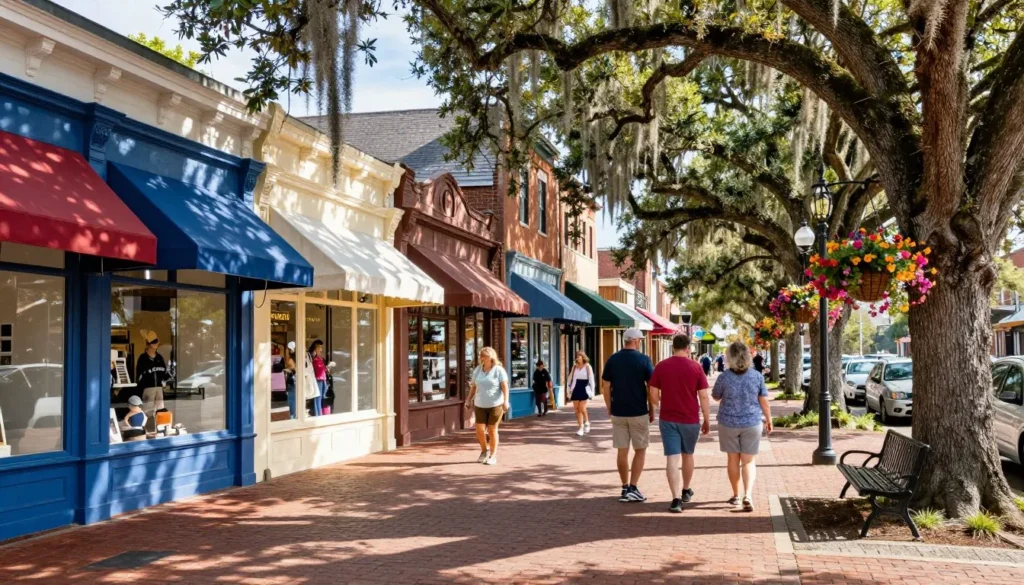 Historic Southport downtown street with shops and oak trees Historic Southport downtown street with shops and oak trees