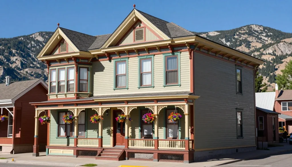 Historic Victorian building on Lake City main street with mountain backdrop Historic Victorian building on Lake City main street with mountain backdrop