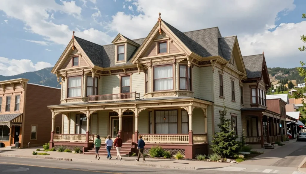 Historic Victorian-era hotel building in mountain mining town