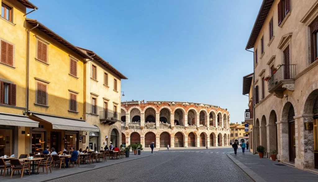 Historic architecture and canals of Verona, Italy with colorful buildings and ancient Roman structures Historic architecture and canals of Verona, Italy with colorful buildings and ancient Roman structures