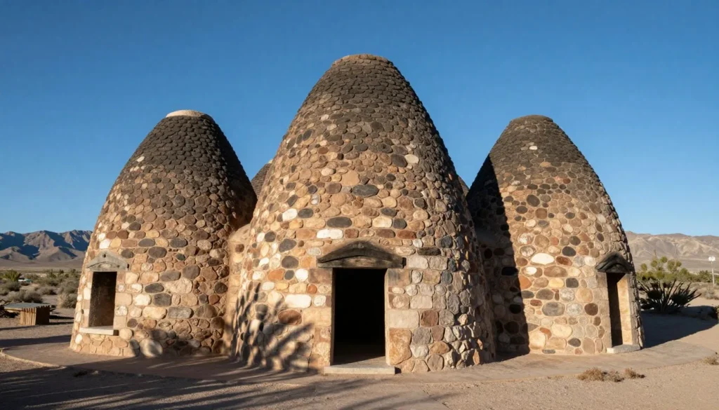 Historic beehive charcoal ovens in desert landscape