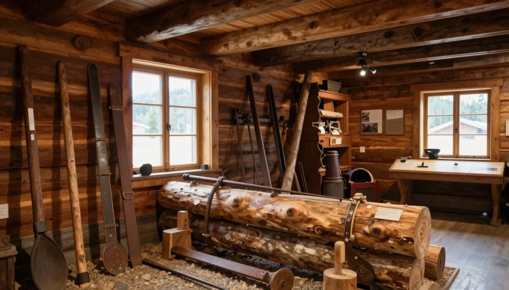 Historic cabin museum interior with vintage logging equipment