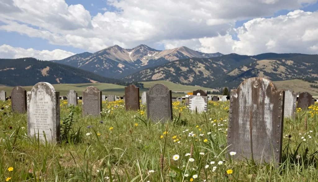 Historic cemetery with old wooden markers and mountain backdrop Historic cemetery with old wooden markers and mountain backdrop