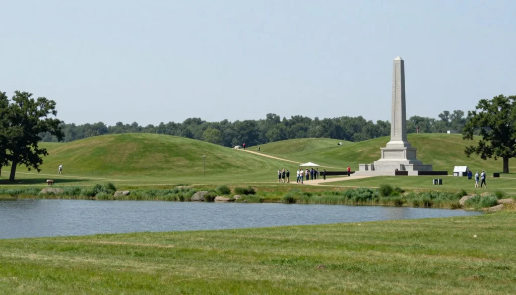 Historic civil war battlefield memorial with interpretive displays and rolling hills Historic civil war battlefield memorial with interpretive displays and rolling hills