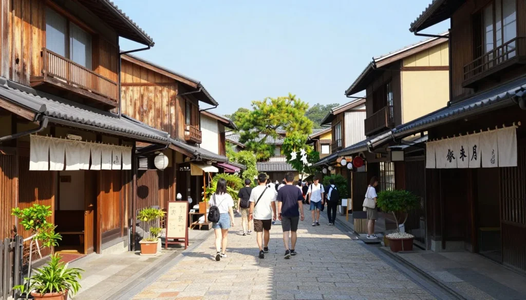 Historic district of Takayama with traditional wooden buildings and tourists