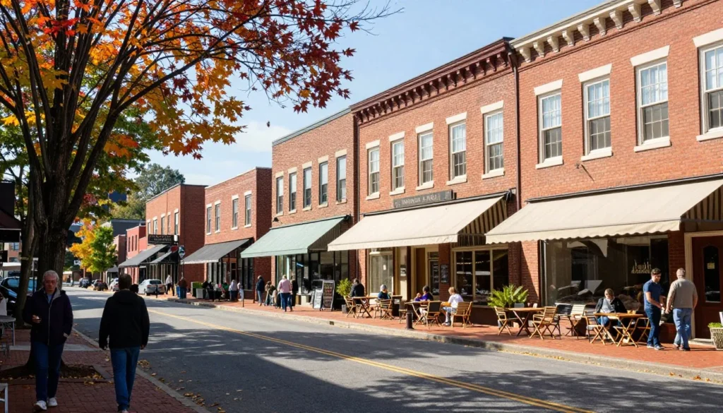 Historic downtown Greeneville Tennessee street with shops and restaurants near David Crockett park Historic downtown Greeneville Tennessee street with shops and restaurants near David Crockett park