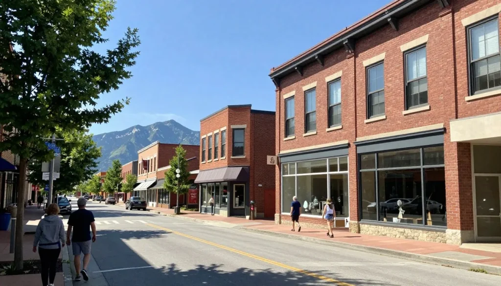 Historic downtown Longmont street scene with preserved brick buildings and mountain views beyond Historic downtown Longmont street scene with preserved brick buildings and mountain views beyond