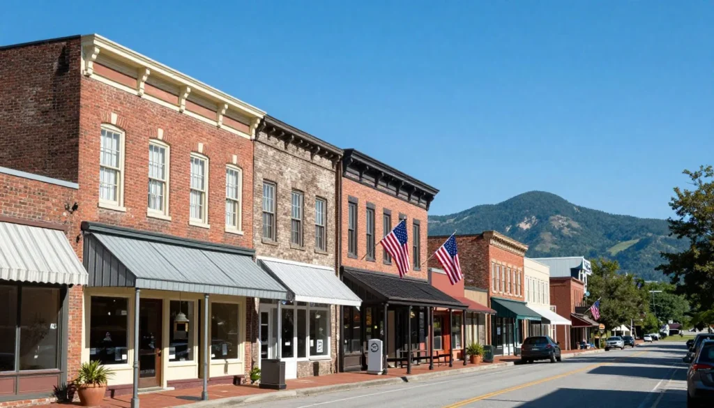 Historic downtown Old Fort North Carolina with mountain backdrop and vintage buildings Historic downtown Old Fort North Carolina with mountain backdrop and vintage buildings