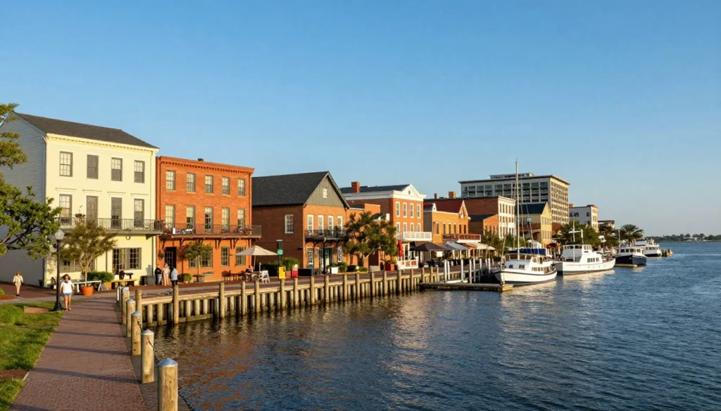 Historic downtown Wilmington North Carolina riverfront with colorful buildings Historic downtown Wilmington North Carolina riverfront with colorful buildings