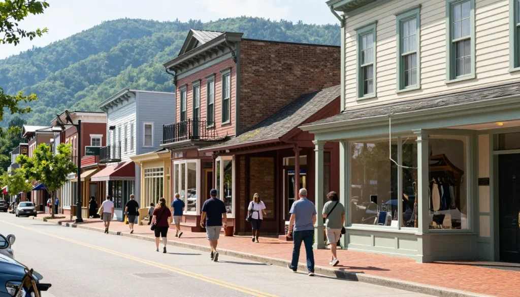 Historic downtown building in Highlands North Carolina with mountain backdrop Historic downtown building in Highlands North Carolina with mountain backdrop