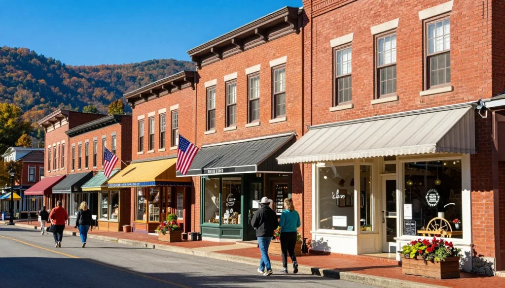 Historic downtown street in Tennessee mountain town with local shops and Appalachian architecture Historic downtown street in Tennessee mountain town with local shops and Appalachian architecture
