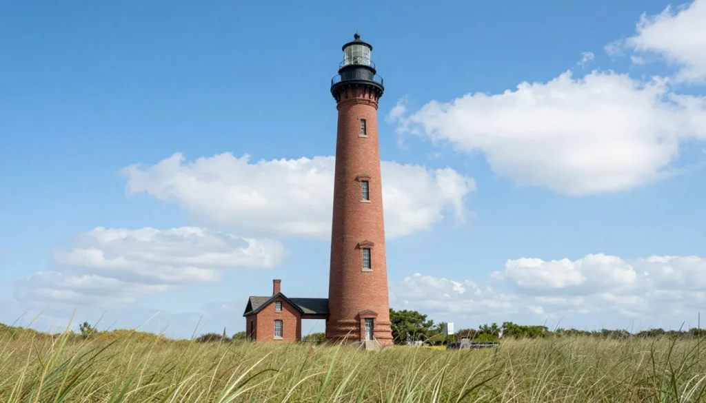 Historic lighthouse against coastal blue sky Historic lighthouse against coastal blue sky