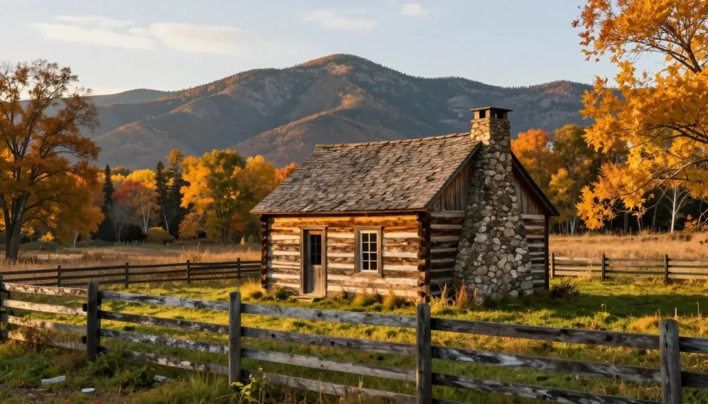 Historic log cabin in Cades Cove with split-rail fence and mountain backdrop Historic log cabin in Cades Cove with split-rail fence and mountain backdrop