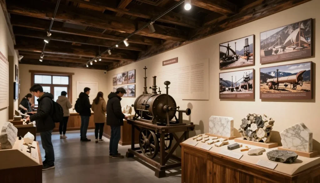 Historic marble quarrying displays and artifacts in local museum with blurred text Historic marble quarrying displays and artifacts in local museum with blurred text