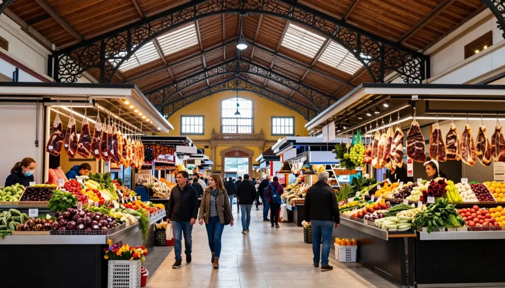 Historic market building with ornate architecture and food stalls