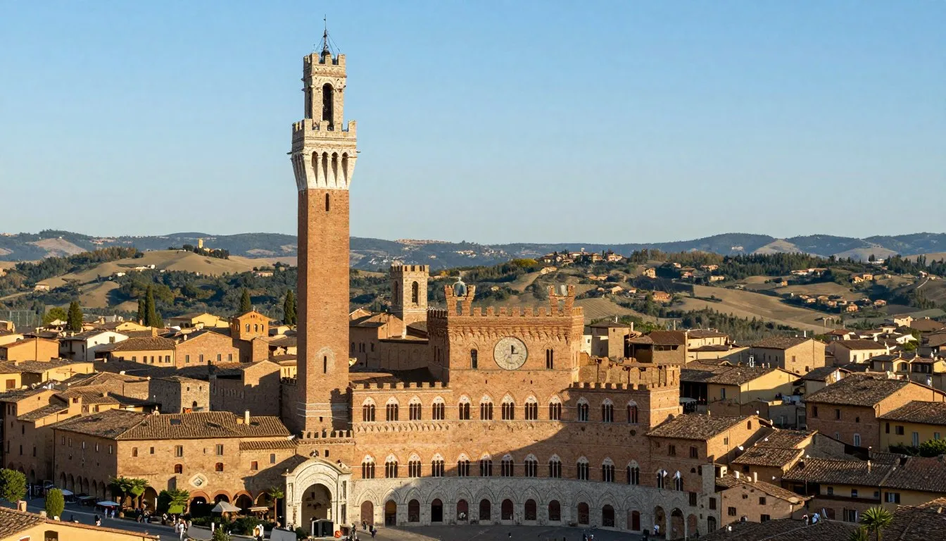 Historic medieval towers and terracotta rooftops of Siena against blue Tuscan sky
