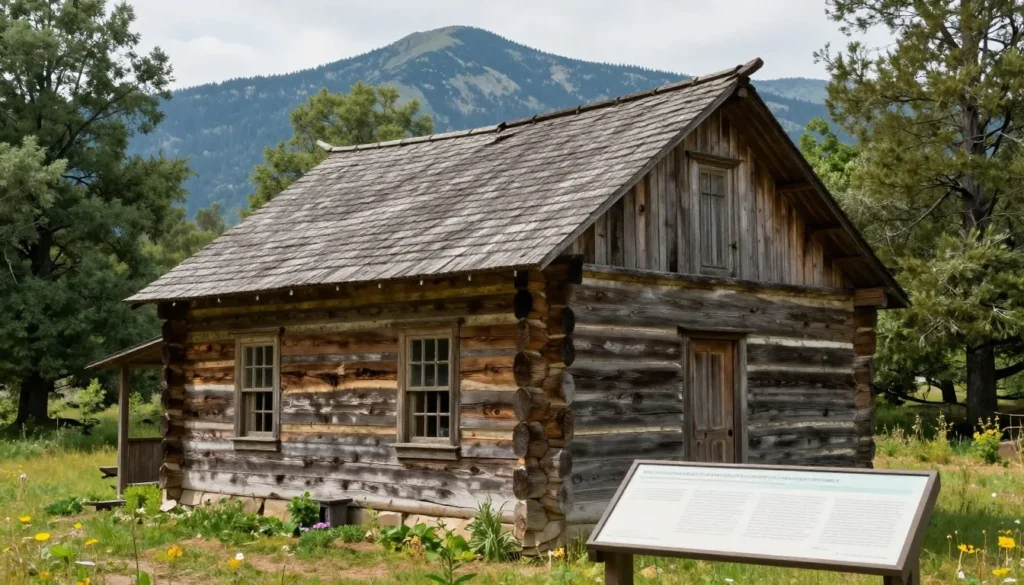 Historic mining cabin near Steamboat Lake with informational display Historic mining cabin near Steamboat Lake with informational display