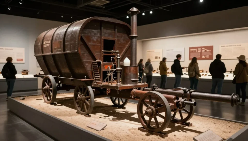 Historic mining equipment display at Nevada museum with blurred informational signage