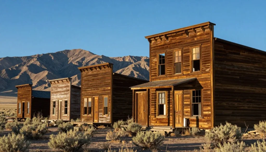 Historic mining town buildings in Nevada desert