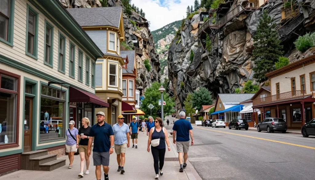 Historic mountain town nestled in narrow canyon with Victorian buildings