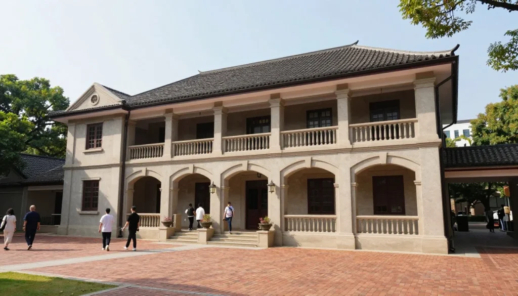 Historic museum building with colonial architecture and visitors Historic museum building with colonial architecture and visitors