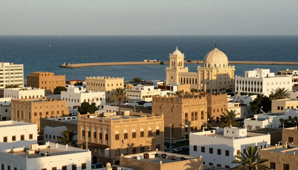 Historic port city along Yemen's Red Sea coast showing traditional architecture Historic port city along Yemen's Red Sea coast showing traditional architecture