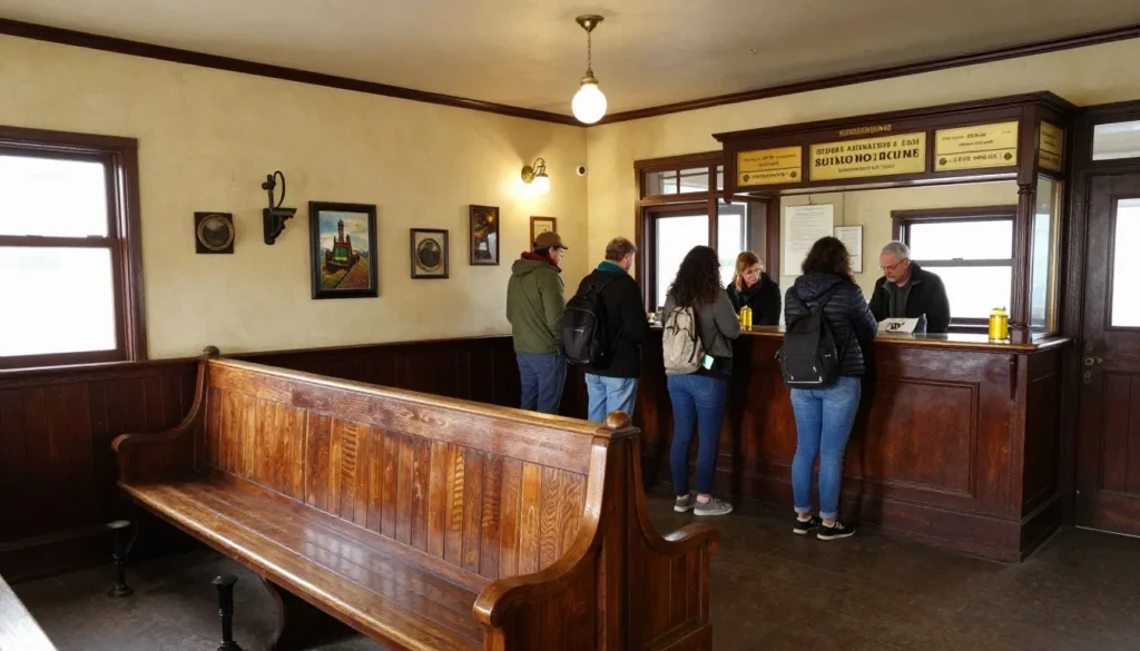 Historic railroad depot interior with vintage ticket counter and waiting area Historic railroad depot interior with vintage ticket counter and waiting area