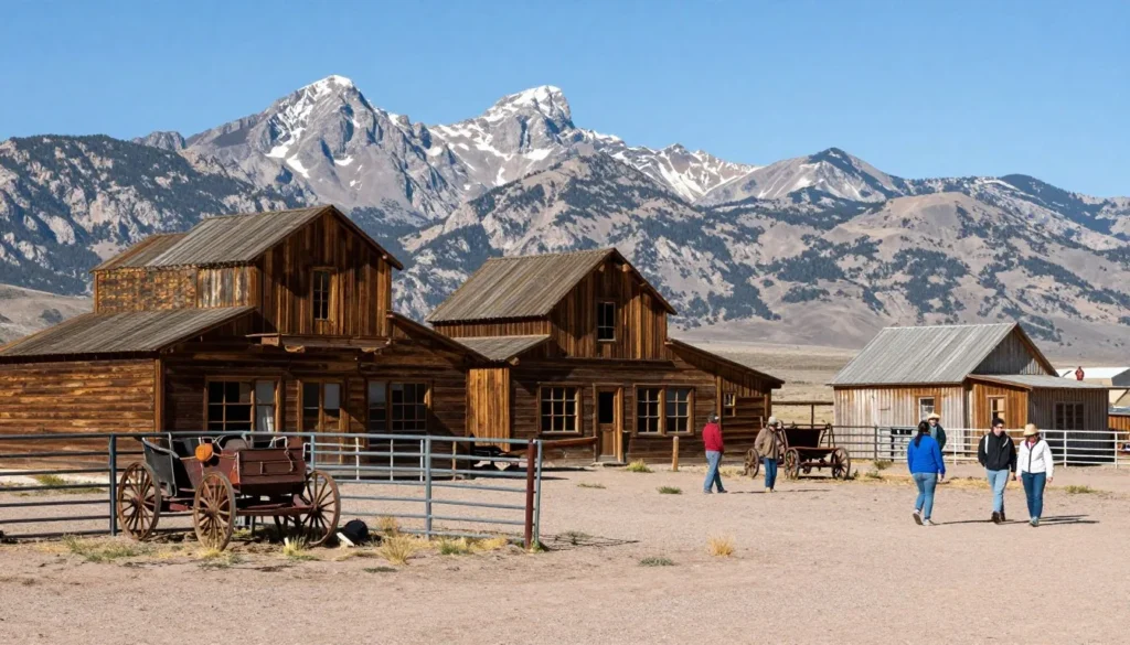 Historic ranch buildings with mountain backdrop