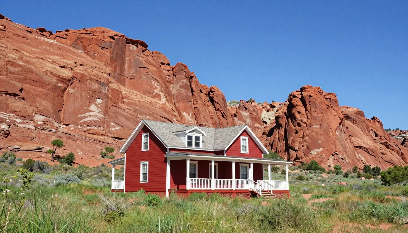 Historic ranch house surrounded by red rock formations at Spring Mountain Ranch State Park Nevada