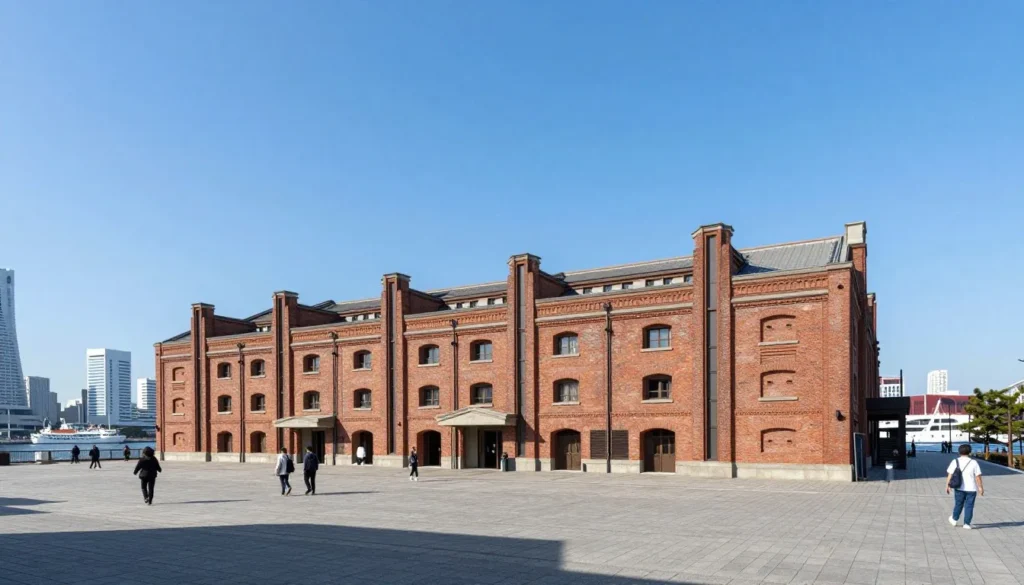 Historic red brick warehouse buildings along Yokohama waterfront