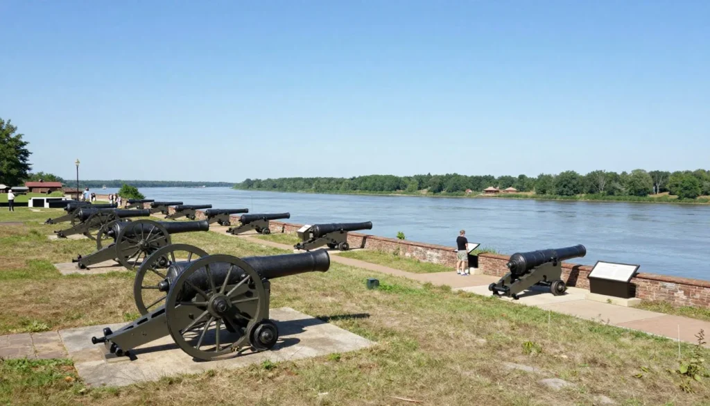 Historic river batteries at Fort Donelson with preserved cannons facing Cumberland River Historic river batteries at Fort Donelson with preserved cannons facing Cumberland River