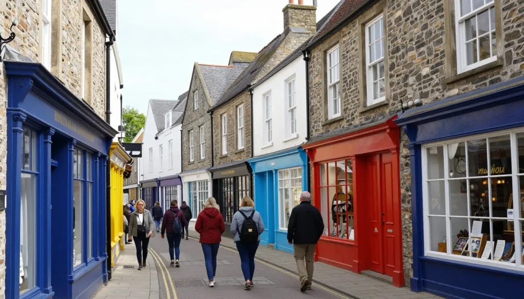 Historic streets of Waterford Viking Triangle with diverse tourists walking past colorful shop fronts and medieval architecture
