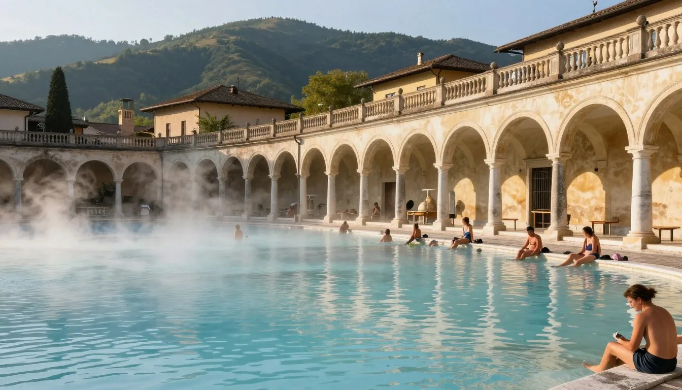 Historic thermal pools in Abano Terme with steam rising and Euganean Hills in background